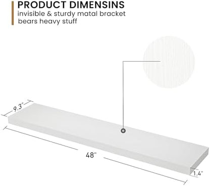 Floating Shelves - 9.3 Inch Deep Wall Shelf for Decor & Storage - Wall Mounted Display Shelving with Invisible Heavy-Duty Metal Bracket - 48" W x 9" D x 1.6" H - Set of 1 - Rustic White