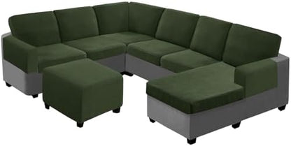 UNBBRRL Seat Cushion Cover and Back Covers for Corner Sofa Stretch Jacquard, Non Slip L Shaped Sofa Slipcover with Storage Ottoman, Sectional Couch Cover for Chaise Lounge (Army Green,24 x 98 x 6 “)