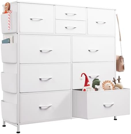 WLIVE 10 Drawer White Fabric Dresser for Bedroom, Side Pockets Chest