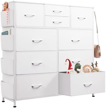 WLIVE 10 Drawer White Fabric Dresser for Bedroom, Side Pockets Chest