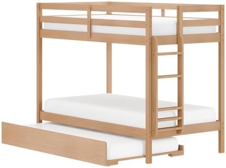 Grain & Grove Bear Twin Over Twin Bunk Bed with Trundle Bed, Sturdy Bunk Bed Frame for Kids, Plywood Bunk with Ladder, Guardrail, and Slats, No Box Spring Required, Oak Embossed Natural