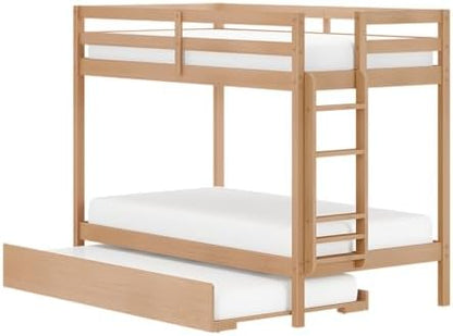 Grain & Grove Bear Twin Over Twin Bunk Bed with Trundle Bed, Sturdy Bunk Bed Frame for Kids, Plywood Bunk with Ladder, Guardrail, and Slats, No Box Spring Required, Oak Embossed Natural