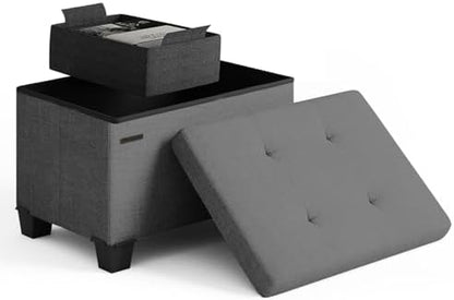 Storage Ottoman Cube with Small Bin, 16-in Square Ottoman with Storage for Living Room and Bedroom, Small Ottomans Foot Rest, Fabric Foot Stools Ottomans Max 330lbs, Grey
