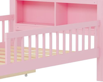 Bellemave Kids Twin Platform Bed with 2 Drawers & Storage Headboard, Kids Twin Bed Frame with 3-Side Guardrails for Girls Boys, Pink