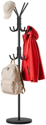 MISSLO Heavy Duty Coat Rack Freestanding with Stable Wood Base Modern Coat Tree with 12 Hooks Adjustable Coats Hanger Stand Stylish Standing Clothes Tree for Entryway Bedroom Corner Hall (Black)