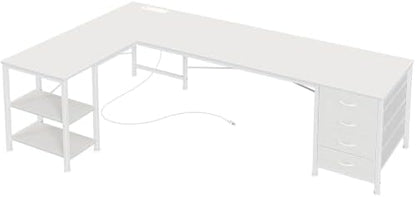 Huuger 63 Inch L Shaped Desk with Fabric Drawers, Reversible Computer Gaming Desk with Power Outlets and USB-C Port, Adjustable Side Storage Shelves, for Work Study Corner Home Office, White