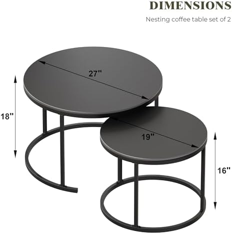 Round Nesting Coffee Table, Black Modern Decorative Coffee Center Table Set of 2, Sintered Stone Coffee Table for Living Room with Sturdy Metal Frame.