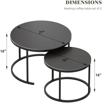 Round Nesting Coffee Table, Black Modern Decorative Coffee Center Table Set of 2, Sintered Stone Coffee Table for Living Room with Sturdy Metal Frame.