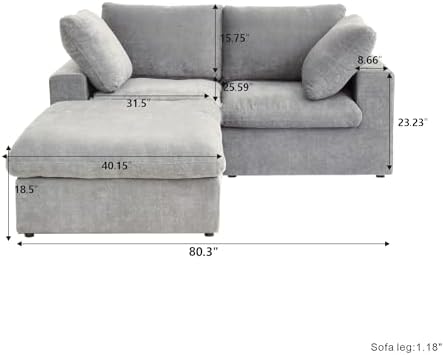 Cloud Couch Modular Sectional Sofa with Storage Ottoman,L Shaped Couch for Living Room,80.3" inch Down Filled 3 Seater Convertible Sectional Sofas for Office Apartment-Grey