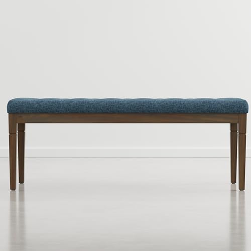 SIMPLIHOME Waverly Tufted Ottoman Bench - 48 inch Wide Upholstered Linen Look Fabric Rectangle Footstool Ottoman in Indigo Blue, Traditional Bench for Bedroom, Entryway or Living Room with Carved Legs