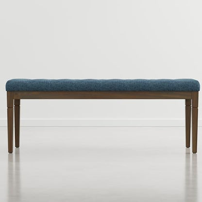 SIMPLIHOME Waverly Tufted Ottoman Bench - 48 inch Wide Upholstered Linen Look Fabric Rectangle Footstool Ottoman in Indigo Blue, Traditional Bench for Bedroom, Entryway or Living Room with Carved Legs
