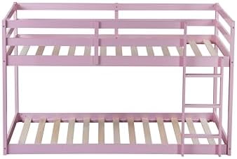 Bunk Bed Twin Over Twin with Ladder and Safety Guardrails, Solid Wood Low Bunk Beds Frame for Teens and Adults, Twin Size Floor Bunk Bed, No Box Spring Needed, Pink