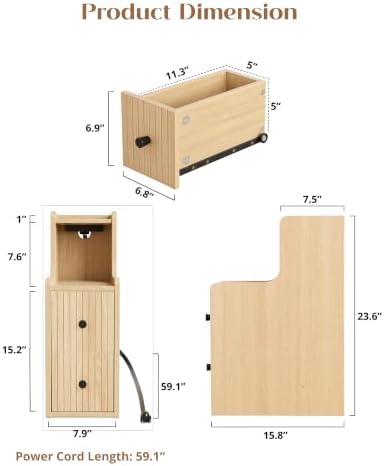 Set of 2 Narrow Side Table with Charging Station, Wooden Slim End Table with Storage, Mid Century Modern Nightstand with Drawers for Living Room, Oak