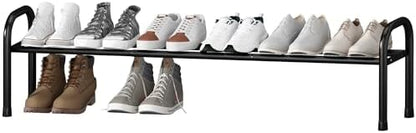 Long Expandable Shoe Rack 1-Tier, Adjustable Length 33.7”–47.5” Shoe Organizer, Metal Shoes Storage Shelf, Holds Up to 12 Pairs, Non-Slip Feet, for Closet, Entryway, Hallway, Front Door, Black