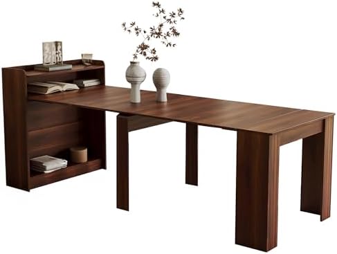21''- 98.43'' Extendable Dining Room Table, Expandable Dining Table, Modern Large Table, for 2-9 Person(with Shelf), Walnut Brown