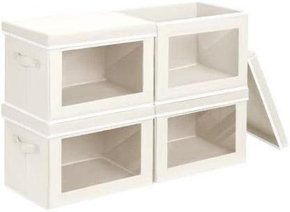 Storage Bins with Lids, 4 Pack Large Storage Cubes with Window, Closet Bins with Lids & Handles, Fabric Box for Organizing Clothes, Towels, Books, Beige