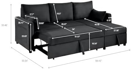 Queen Sleeper Sofa, Convertible Sofa Bed with Storage, 85 Inch Sectional Couch with Pull Out Bed, L Shaped 3 Seat Sectional Sleeper Sofa for Living Room, Apartment, Black