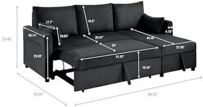 Queen Sleeper Sofa, Convertible Sofa Bed with Storage, 85 Inch Sectional Couch with Pull Out Bed, L Shaped 3 Seat Sectional Sleeper Sofa for Living Room, Apartment, Black