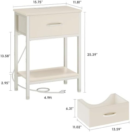 Nightstand with Charging Station, End Table with Fabric Drawer, Small Side Table with 2-Tier Storage Shelves, 25.4" Tall Night Stand, Bedside Table for Bedroom, Living Room, Dorm, Beige