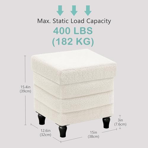CAROLMADE Folding Storage Ottoman Cube Sherpa Footstool with Wood Legs Ottoman Footrest for Living Room and Bedroom, White 15"x12.6"x15.4"