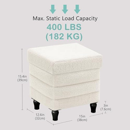 CAROLMADE Folding Storage Ottoman Cube Sherpa Footstool with Wood Legs Ottoman Footrest for Living Room and Bedroom, White 15"x12.6"x15.4"