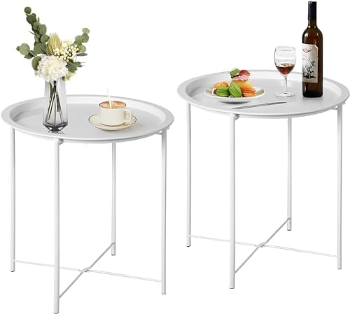 VECELO Side/End Table, Folding Round Metal Anti-Rust and Waterproof Outdoor or Indoor Tray for Living Room Bedroom Balcony and Office, 2 PCS, Beige