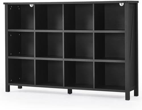 Joaxswe 12 Cube Storage Organizer, Farmhouse 62 Inch Wide Black Oak Display Bookshelf, Wooden 3 Tier Large Open Book Shelf, Vintage Bookcase for Home Office, Cubby Cabinet for Living Room, Office