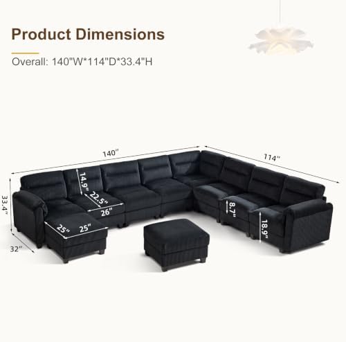HAOMARKETS 135” Modular Sectional L Shaped Corner Sofa with 2 Movable Ottoman, Corduroy 10-Seater Couches with Thick Cushion for Living Room, Black