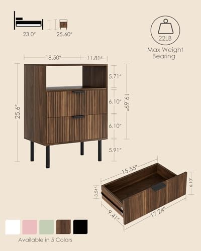 Night Stand,25.6" H Bedside Table with 2Drawers and Open Shelf,Farmhouse Nightstand,Side Table with Gold Frame for Bedroom,Living Room,Pale Walnut