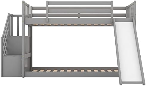 Twin Over Twin Bunk Bed with Slide and for Storage Staircase for Teens, Boys or Girls, No Box Sping Needed