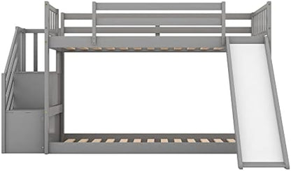 Twin Over Twin Bunk Bed with Slide and for Storage Staircase for Teens, Boys or Girls, No Box Sping Needed