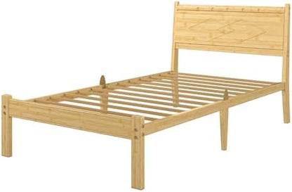 14 inch Bamboo Twin XLBed Frame with Headboard, Light Cottagecore Solid Wood Platform Bed No Box Spring Needed, Easy Assembly, Noise Free