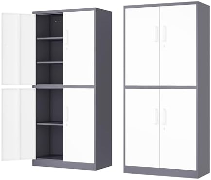 Fesbos 71' Metal Storage - Lockable File Cabinet with Doors & Shelves - Gray/White Steel for Garage, Home, Office