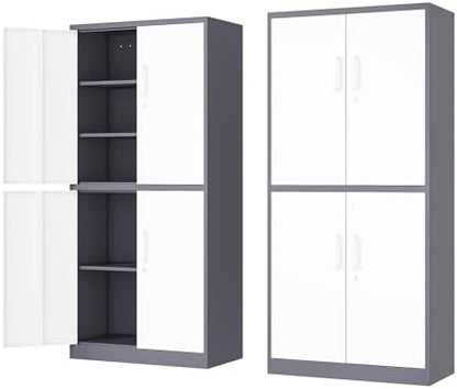 Fesbos 71' Metal Storage - Lockable File Cabinet with Doors & Shelves - Gray/White Steel for Garage, Home, Office