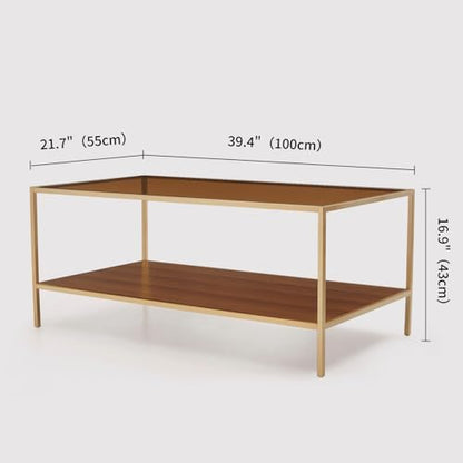 Glass Coffee Table for Living Room, L39xW22xH17inch, 2-Tier Mid-Century Modern Table with Amber Tempered Glass Top and Walnut Finish Wood Top, Gold Finish Frame