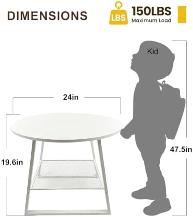 White Round 2-Tier End Table White Side Table with Mesh Shelf