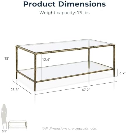 24/7 Shop at Home Lalia Modern 47-inch Metal Coffee Table with Tempered Glass Top and Shelf, Hammered Steel Frame for Living Room, Matte Gold