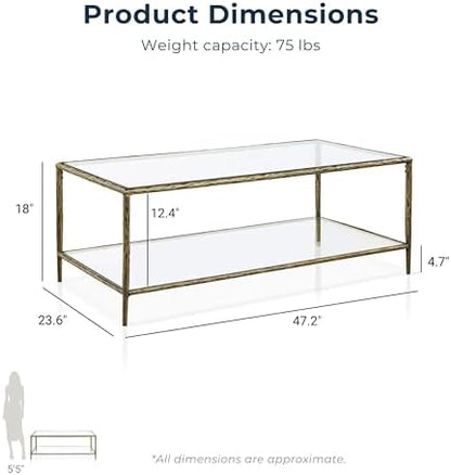 24/7 Shop at Home Lalia Modern 47-inch Metal Coffee Table with Tempered Glass Top and Shelf, Hammered Steel Frame for Living Room, Matte Gold