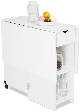 Mondeer Folding Dining Table with Drawer and Shelves, White