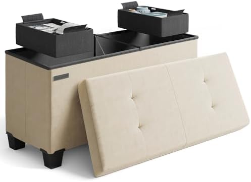Storage Ottoman Bench with Bins, 30-in Storage Bench for Bedroom End of Bed, Folding Foot Rest Ottoman for Living Room Max 660lbs, Velvet Ottomans, Beige