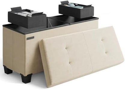 Storage Ottoman Bench with Bins, 30-in Storage Bench for Bedroom End of Bed, Folding Foot Rest Ottoman for Living Room Max 660lbs, Velvet Ottomans, Beige