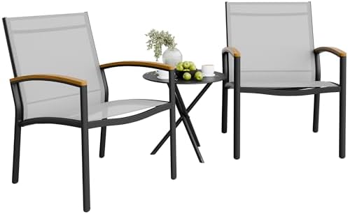 Shintenchi 3 Pieces Patio Bistro Sets, Outdoor Textilene Fabric Conversation Bistro Set, Textilene Fabric Front Porch Chairs Small Patio Furniture Set with Table for Lawn,Garden,Balcony (Grey)