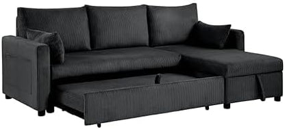 Queen Sleeper Sofa, Convertible Sofa Bed with Storage, 85 Inch Sectional Couch with Pull Out Bed, L Shaped 3 Seat Sectional Sleeper Sofa for Living Room, Apartment, Black