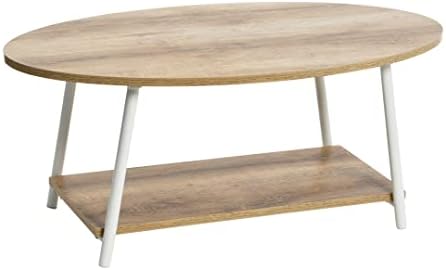 Household Essentials Oval Coffee Table with Storage Shelf in Oak Wood Grain and Black Metal Frame, Coastal Oak Finish - Size