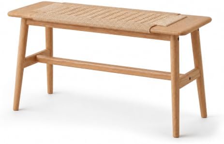31.5'' Woven Dining Beach with 100% Solid Oak Wood Bench Frame, Hand Knitted Rope Designed Bed End Shoe Bench for Kitchen Bedroom Entryway, Beige