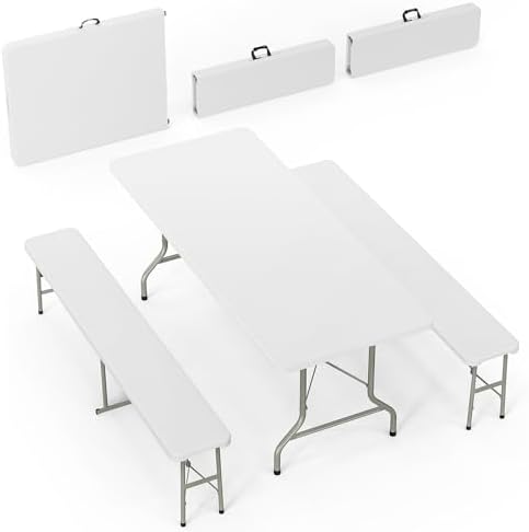 Bonnlo White Folding Picnic Table Set with 2 Benches, 6 Feet Camping Table Chair Set, Modern Portable 3-Piece Furniture for Indoor/Outdoor Use, White Folding Picnic Table with Smooth Tabletop