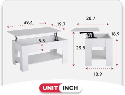 FDW | 39" Lift Top Coffee Table | White | with Hidden Storage