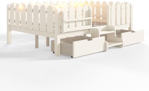 Bellemave Full Size Platform Bed with Storage Drawers & Bookshelf for Boys Girls, Kids Full Bed Frame with LED Lights & Stairs for Children's Room, Beige
