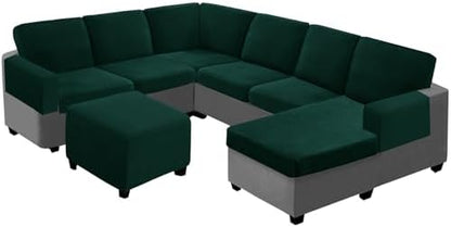 UNBBRRL Seat Cushion Cover and Back Covers for Corner Sofa Stretch Jacquard, Non Slip L Shaped Sofa Slipcover with Storage Ottoman, Sectional Couch Cover for Chaise Lounge (Dark Green,16 x 30 x 6”)