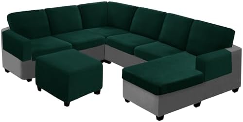 Seat Cushion Cover and Back Covers for Corner Sofa Stretch Jacquard, Non Slip L Shaped Sofa Slipcover with Storage Ottoman, Sectional Couch Cover for Chaise Lounge (Dark green,Ottoman 20 x 20 x 18”)